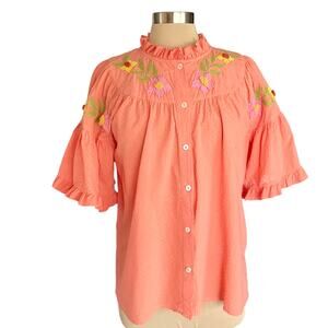 Ivy Jane Button Down Boho Top MED Floral Embroidered Ruffled Bell Sleeve Cottage